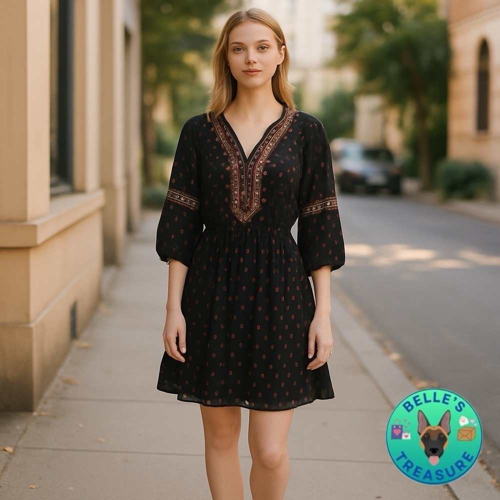 Miss Me Bohemian Dress Embroidered Smocked V-Neck Mini‎ Dress Black Womens Small